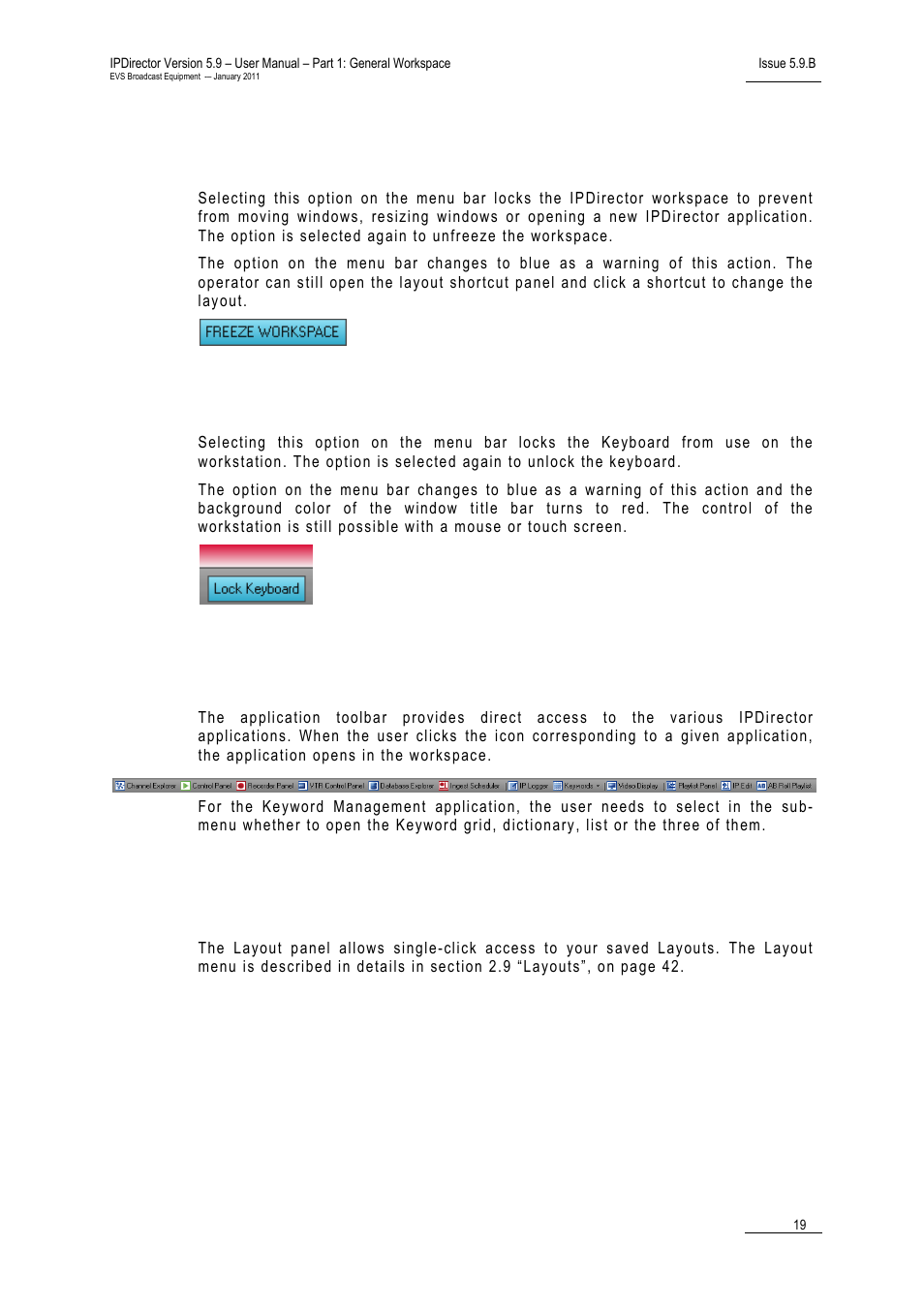 8 freeze workspace, 9 lock keyboard, 4 application toolbar | 5 layout panel, 4 “application toolbar”, on, Reeze, Orkspace, Eyboard | EVS IPDirector Version 5.9 - January 2011 Part 1 User’s Manual User Manual | Page 30 / 131