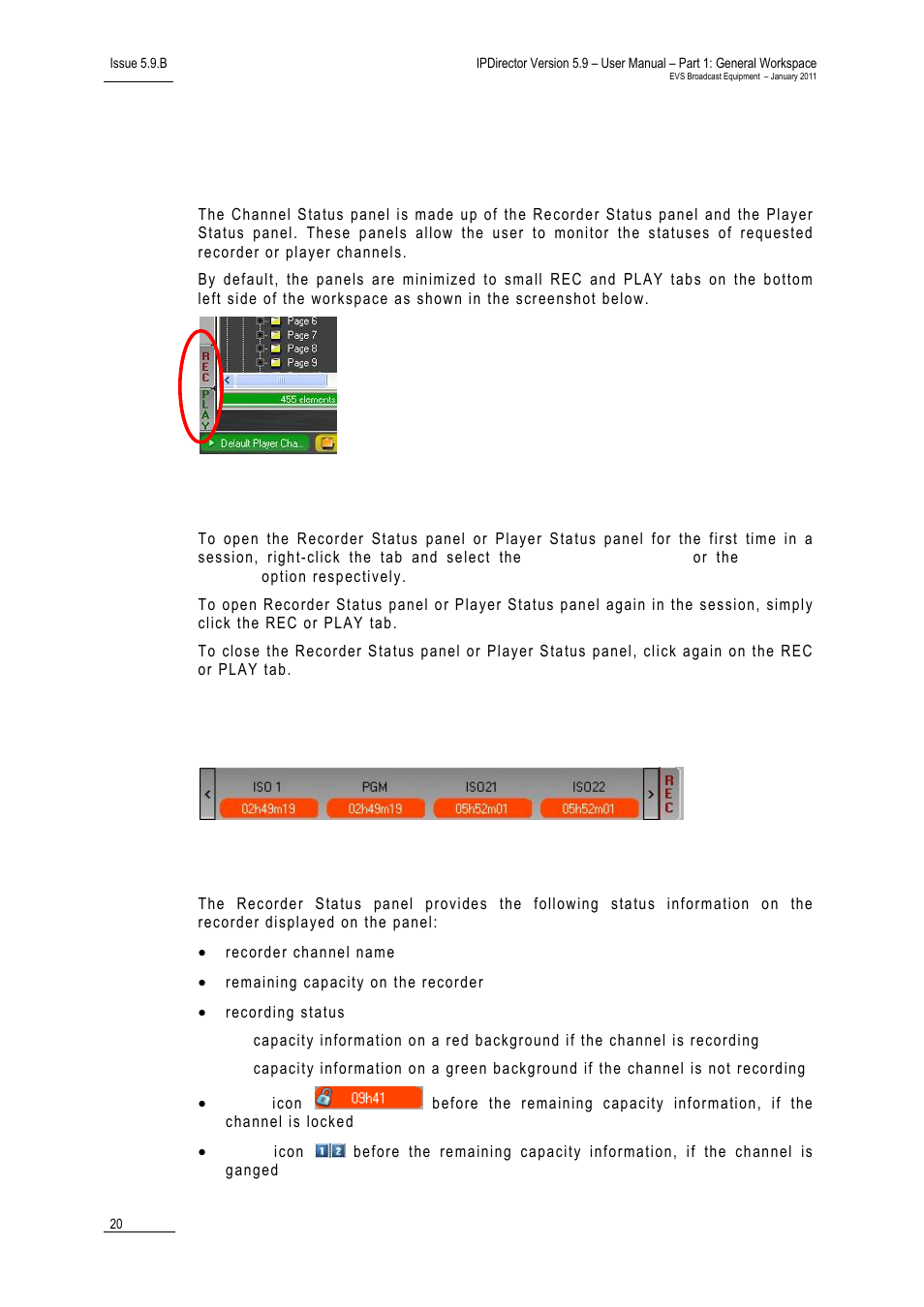 6 channel status panel, Opening and closing the channel status panels, 1 recorder status panel | Displayed status information, Help menu, 6 “channel status panel, Ecorder, Tatus, Anel | EVS IPDirector Version 5.9 - January 2011 Part 1 User’s Manual User Manual | Page 31 / 131
