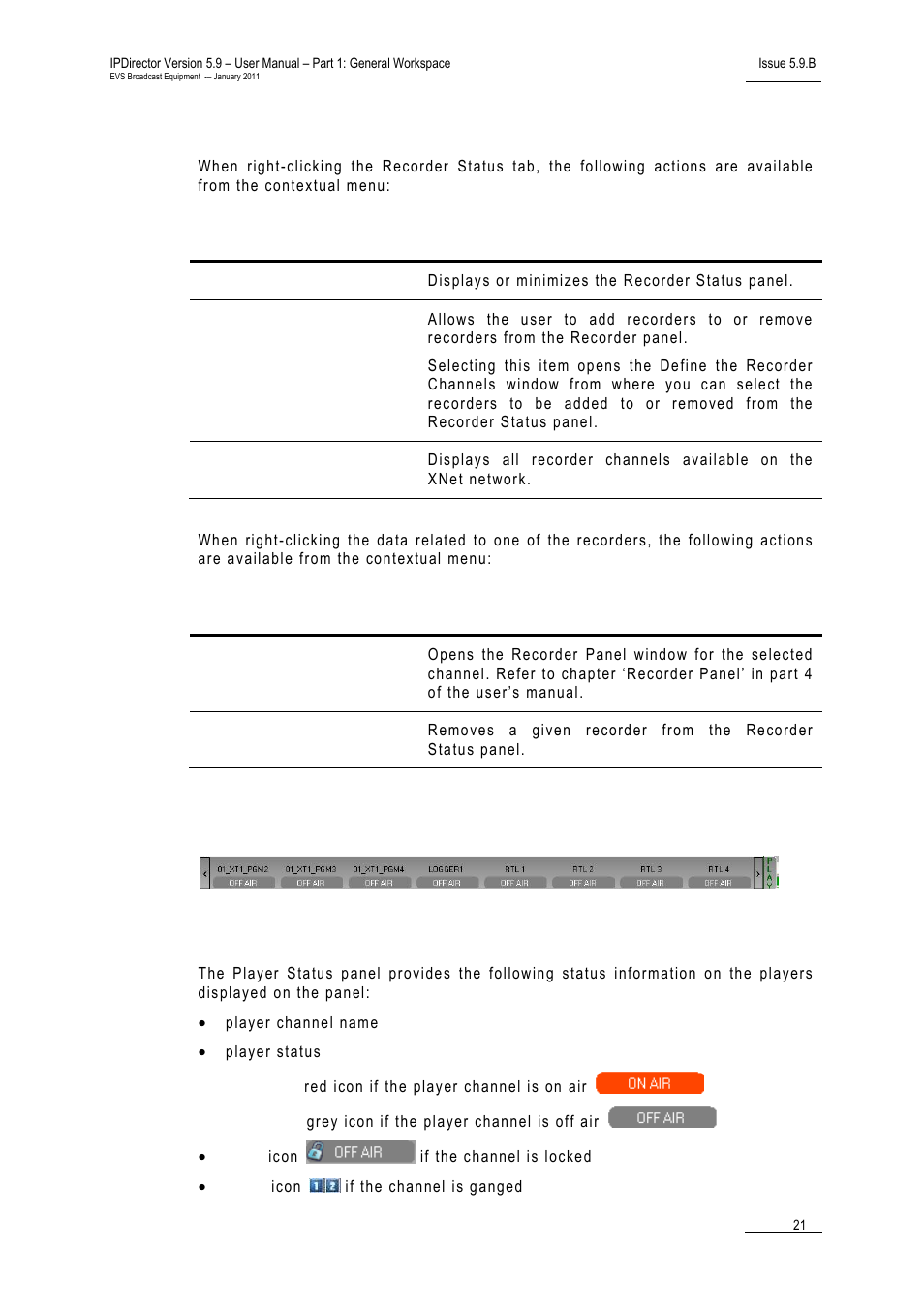 Contextual menus, 2 player status panel, Displayed status information | Freeze workspace, Lock keyboard, Application toolbar, Layout panel, Layer, Tatus, Anel | EVS IPDirector Version 5.9 - January 2011 Part 1 User’s Manual User Manual | Page 32 / 131