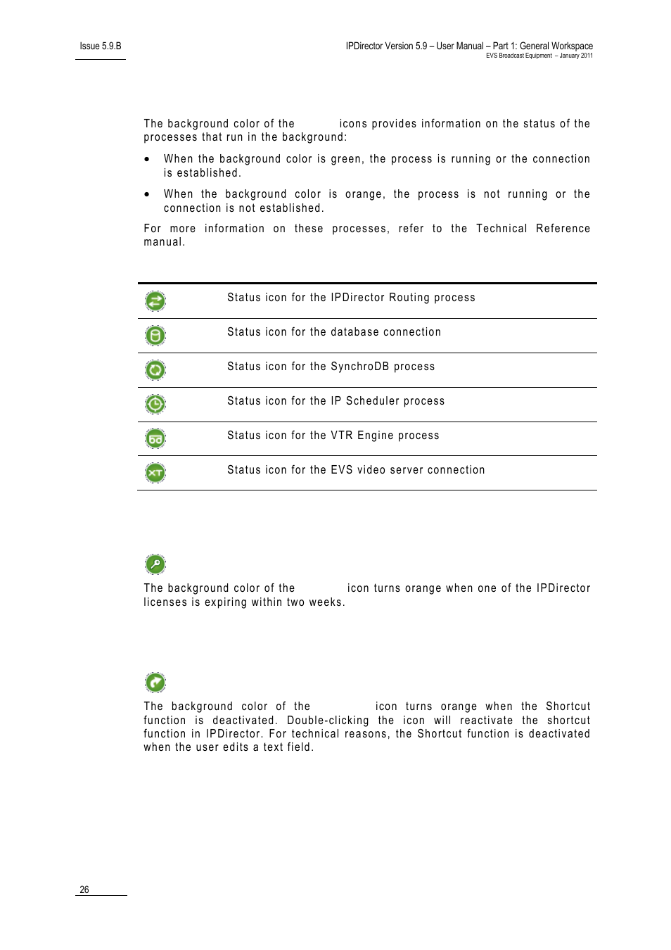 5 process status icons, 6 license icon, 7 shortcuts icon | Loaded layout icon, Minimized icon, Rocess, Tatus, Cons, Icense, Hortcuts | EVS IPDirector Version 5.9 - January 2011 Part 1 User’s Manual User Manual | Page 37 / 131