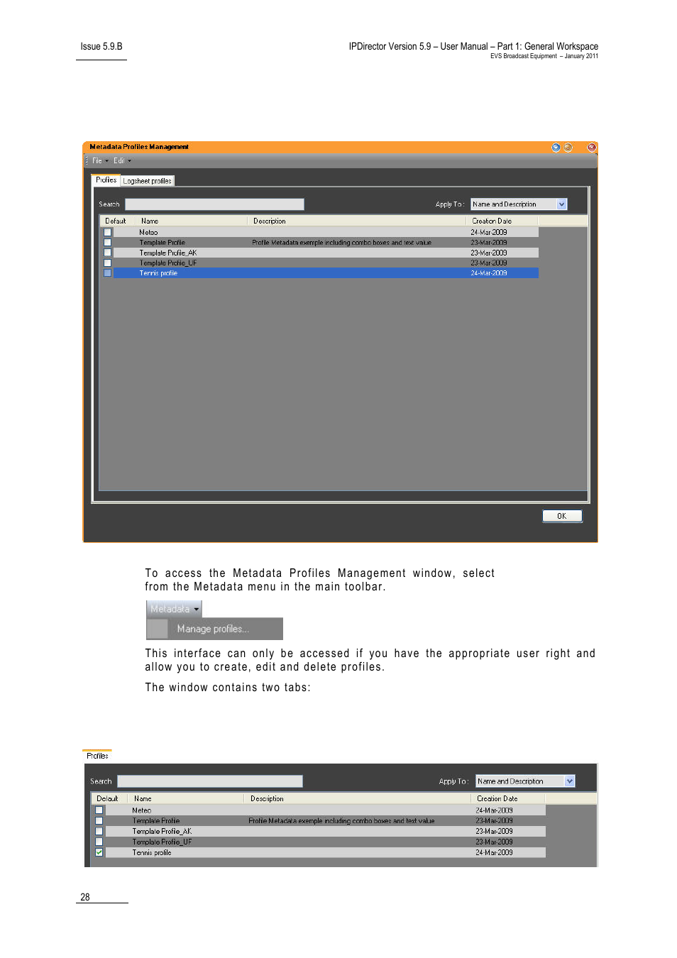 Profiles tab, Verview of the, Etadata | Rofiles, Anagement, Indow | EVS IPDirector Version 5.9 - January 2011 Part 1 User’s Manual User Manual | Page 39 / 131