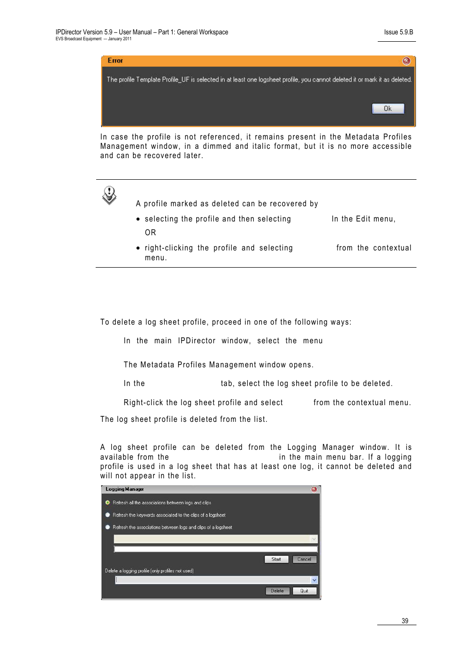 How to delete a log sheet profile, Editing profile and user fields | EVS IPDirector Version 5.9 - January 2011 Part 1 User’s Manual User Manual | Page 50 / 131