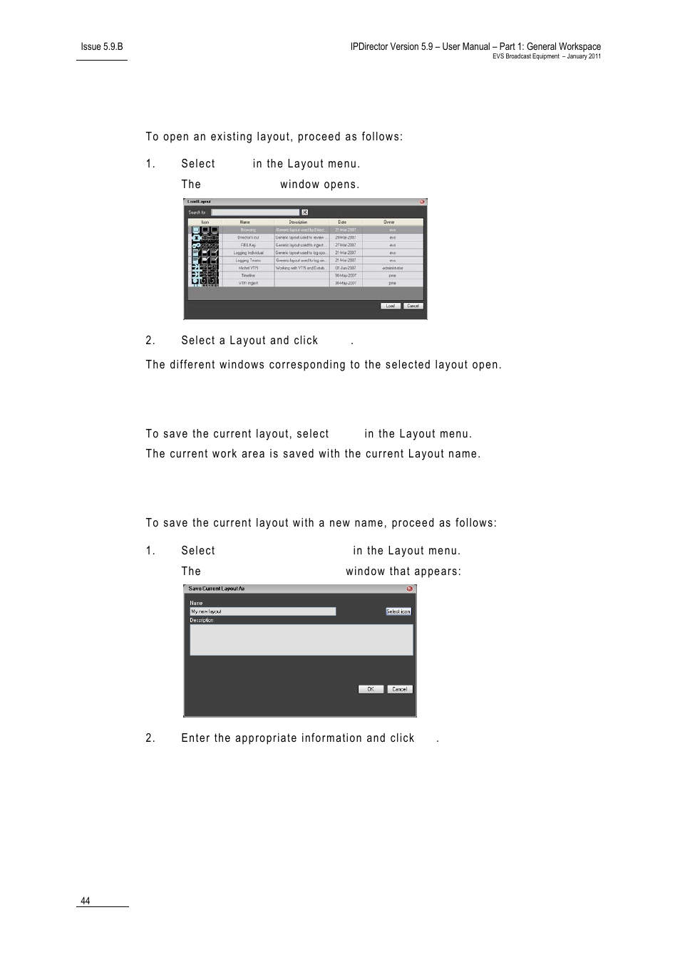 How to save a layout, How to save a layout with a new name | EVS IPDirector Version 5.9 - January 2011 Part 1 User’s Manual User Manual | Page 55 / 131