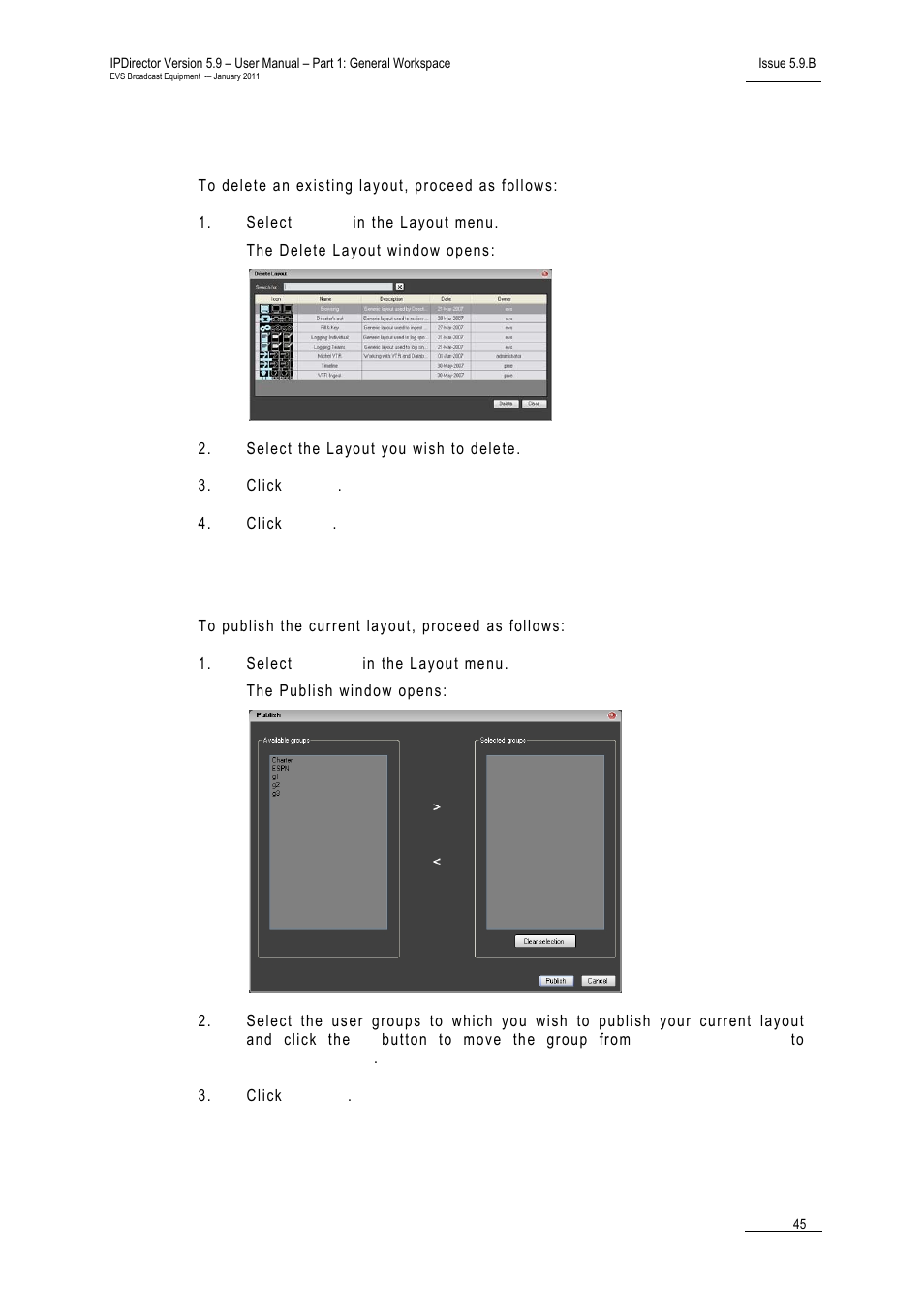 How to delete an existing layout, How to publish a layout | EVS IPDirector Version 5.9 - January 2011 Part 1 User’s Manual User Manual | Page 56 / 131