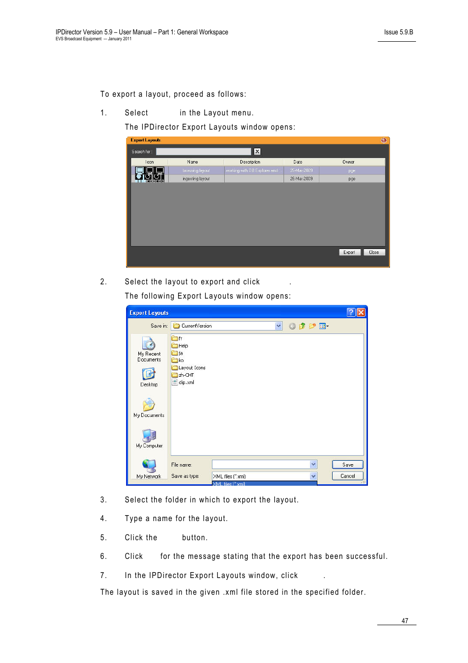 How to export a layout | EVS IPDirector Version 5.9 - January 2011 Part 1 User’s Manual User Manual | Page 58 / 131