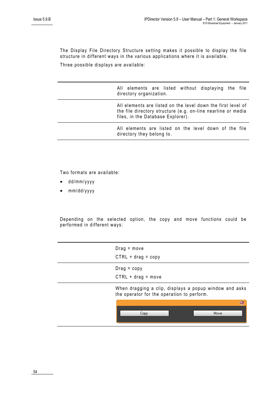 Display file directory structure, Date format recognized in text searches, Select a way to copy/move elements | EVS IPDirector Version 5.9 - January 2011 Part 1 User’s Manual User Manual | Page 65 / 131