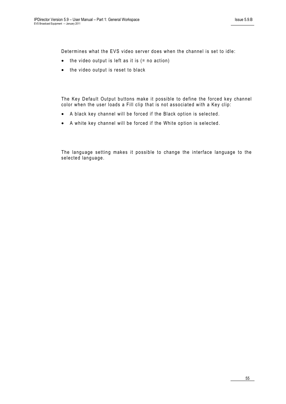 Action taken when the channel is set to idle, Key default output, Language | Idle | EVS IPDirector Version 5.9 - January 2011 Part 1 User’s Manual User Manual | Page 66 / 131
