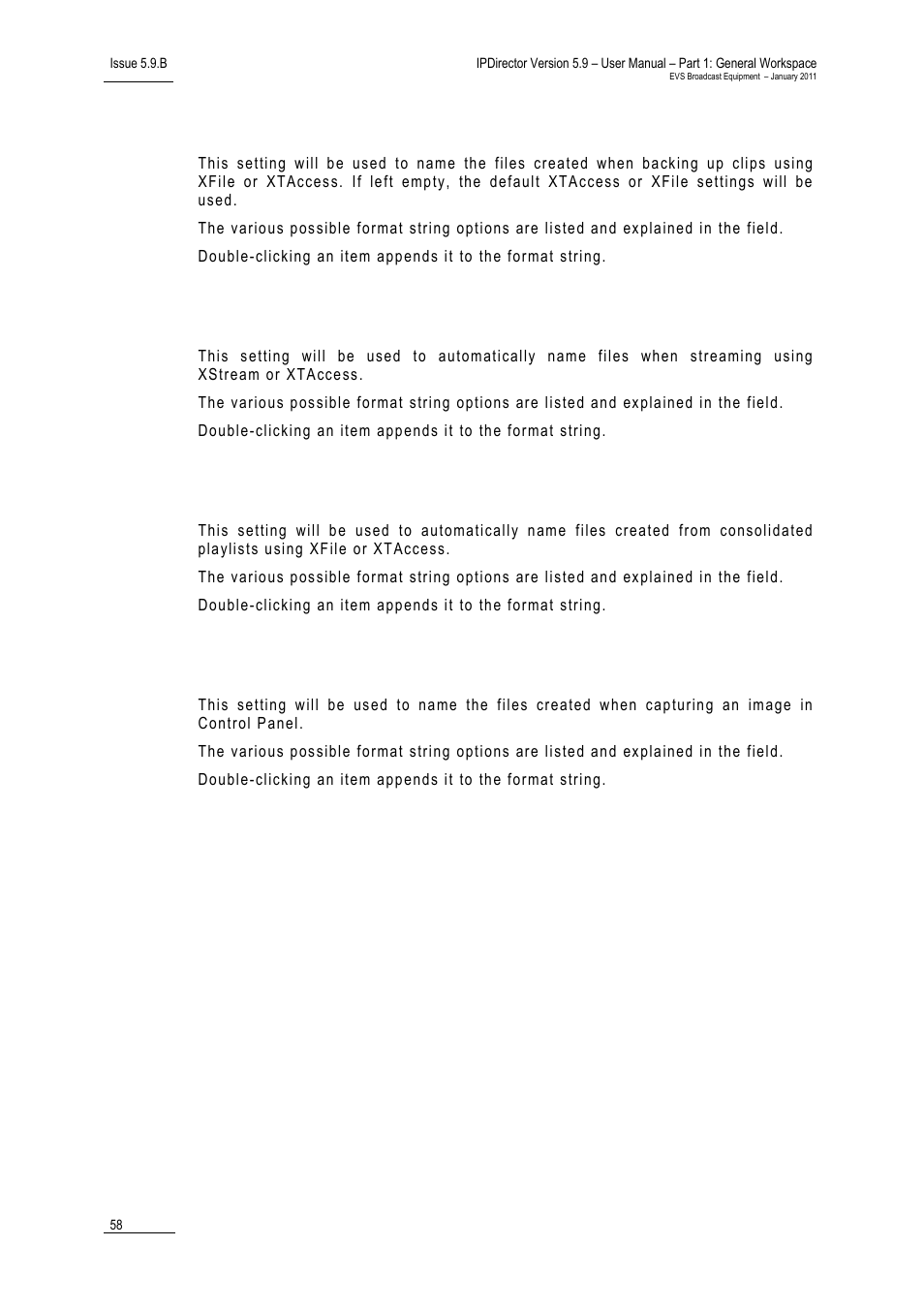Clip file name – format string, Stream file name – format string, Playlist file name – format string | Image file name – format string | EVS IPDirector Version 5.9 - January 2011 Part 1 User’s Manual User Manual | Page 69 / 131