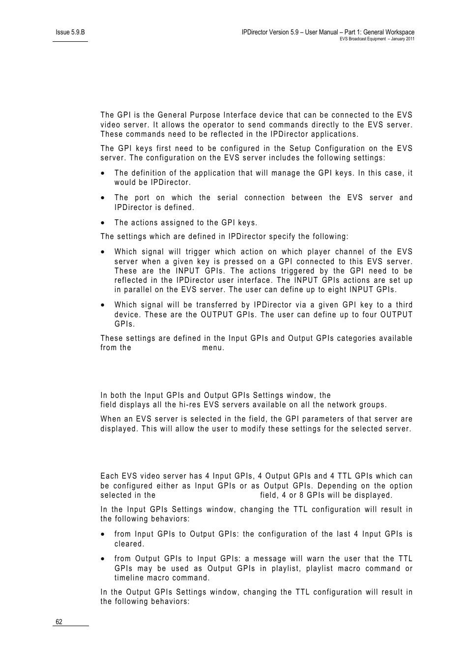 4 gpi settings, Introduction, Xt server selection | Use of ttl gpis, 4 gpi, Ettings | EVS IPDirector Version 5.9 - January 2011 Part 1 User’s Manual User Manual | Page 73 / 131