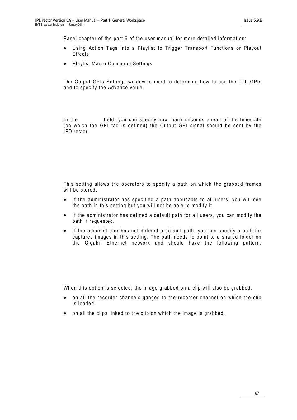 Advance, 5 image capture settings, Default path for captured images | Gpi settings, Mage, Apture, Ettings | EVS IPDirector Version 5.9 - January 2011 Part 1 User’s Manual User Manual | Page 78 / 131