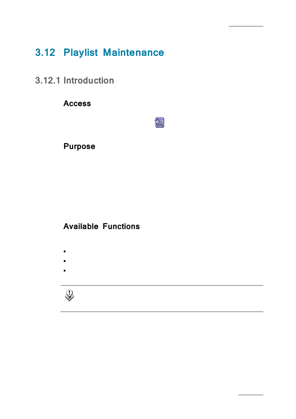 12 playlist maintenance, 1 introduction, Access | Purpose, Available functions, Playlist maintenance, Introduction, 12 ‘playlist maintenance | EVS Xfile Version 2.19 - November 2012 User Manual User Manual | Page 107 / 196