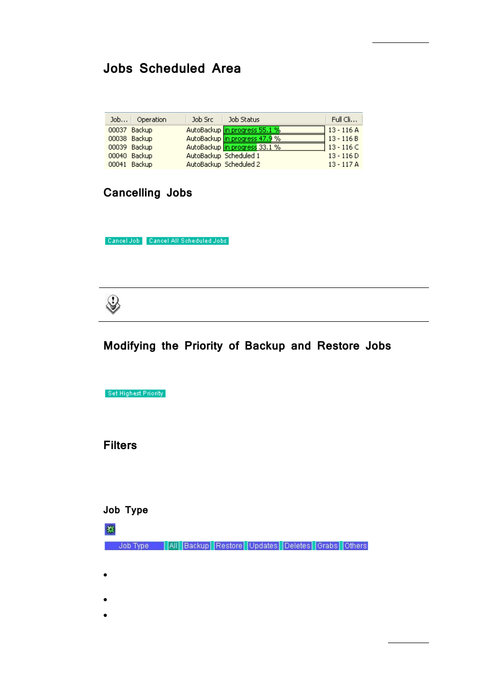 Jobs scheduled area, Cancelling jobs, Modifying the priority of backup and restore jobs | Filters | EVS Xfile Version 2.19 - November 2012 User Manual User Manual | Page 119 / 196