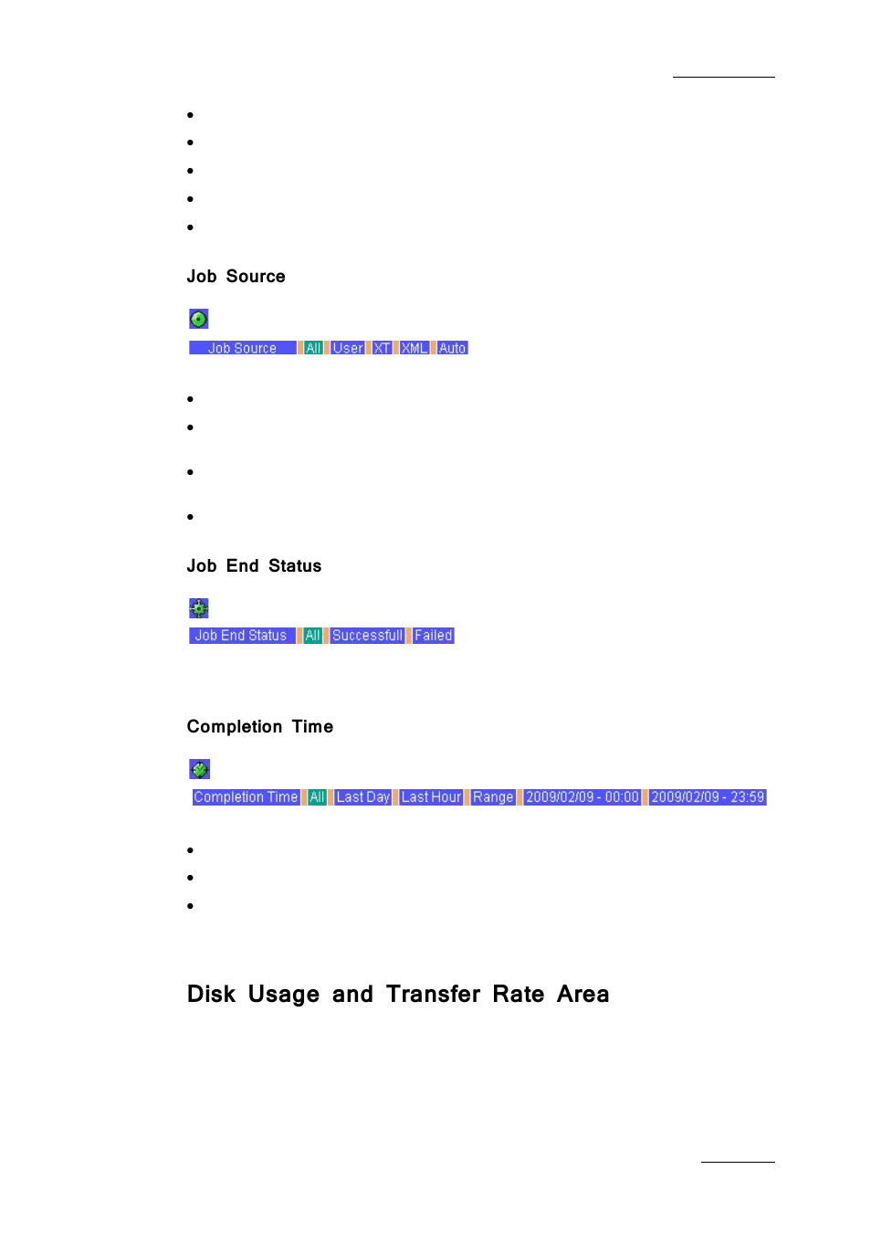 Job source, Job end status, Completion time | Disk usage and transfer rate area | EVS Xfile Version 2.19 - November 2012 User Manual User Manual | Page 121 / 196