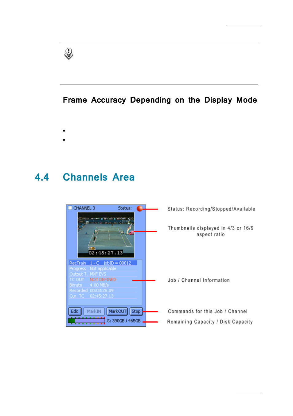 Frame accuracy depending on the display mode, 4 channels area, Channels area | EVS Xfile Version 2.19 - November 2012 User Manual User Manual | Page 131 / 196