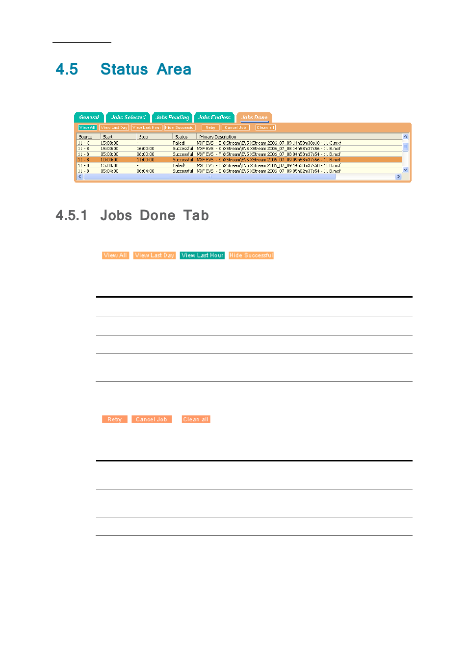 5 status area, 1 jobs done tab, Status area | Jobs done tab | EVS Xfile Version 2.19 - November 2012 User Manual User Manual | Page 132 / 196