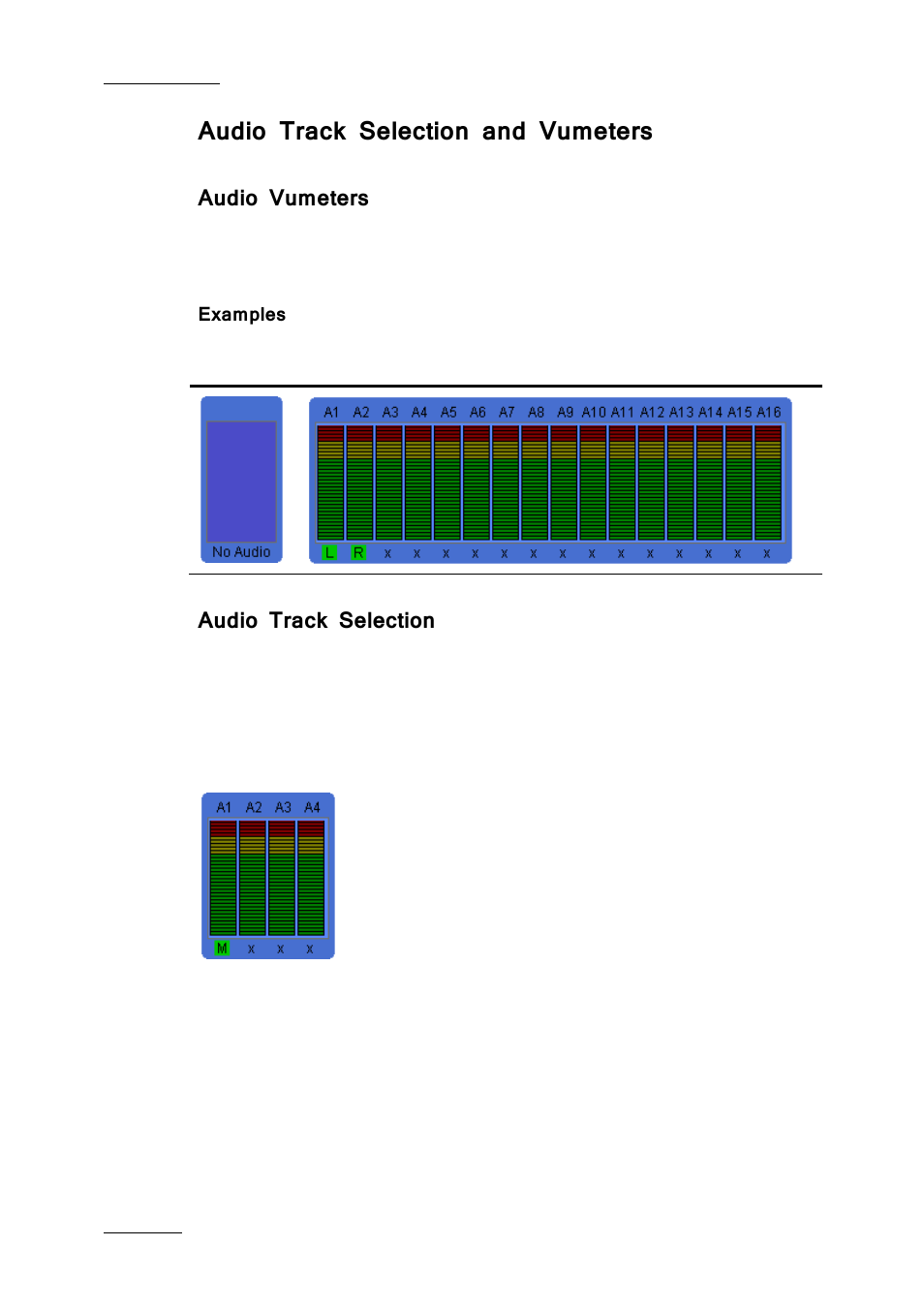 Audio track selection and vumeters, Audio vumeters, Examples | Audio track selection | EVS Xfile Version 2.19 - November 2012 User Manual User Manual | Page 172 / 196