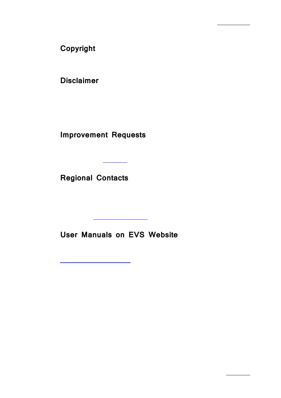 Copyright, Disclaimer, Improvement requests | Regional contacts, User manuals on evs website | EVS Xfile Version 2.19 - November 2012 User Manual User Manual | Page 3 / 196