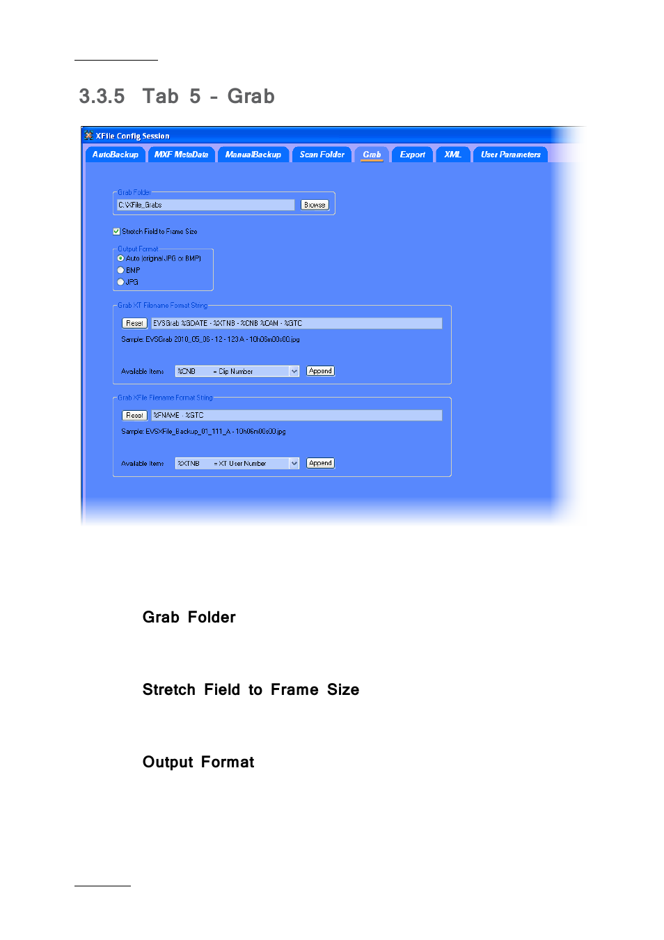 5 tab 5 – grab, Grab folder, Stretch field to frame size | Output format, Tab 5 – grab | EVS Xfile Version 2.19 - November 2012 User Manual User Manual | Page 44 / 196