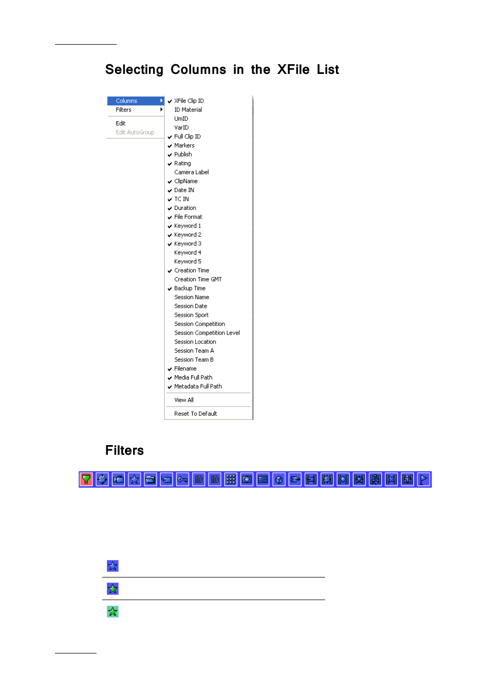 Selecting columns in the xfile list, Filters | EVS Xfile Version 2.19 - November 2012 User Manual User Manual | Page 58 / 196