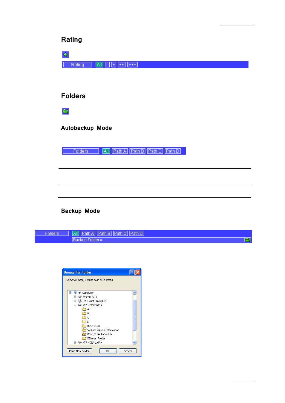 Rating, Folders, Autobackup mode | Backup mode | EVS Xfile Version 2.19 - November 2012 User Manual User Manual | Page 61 / 196