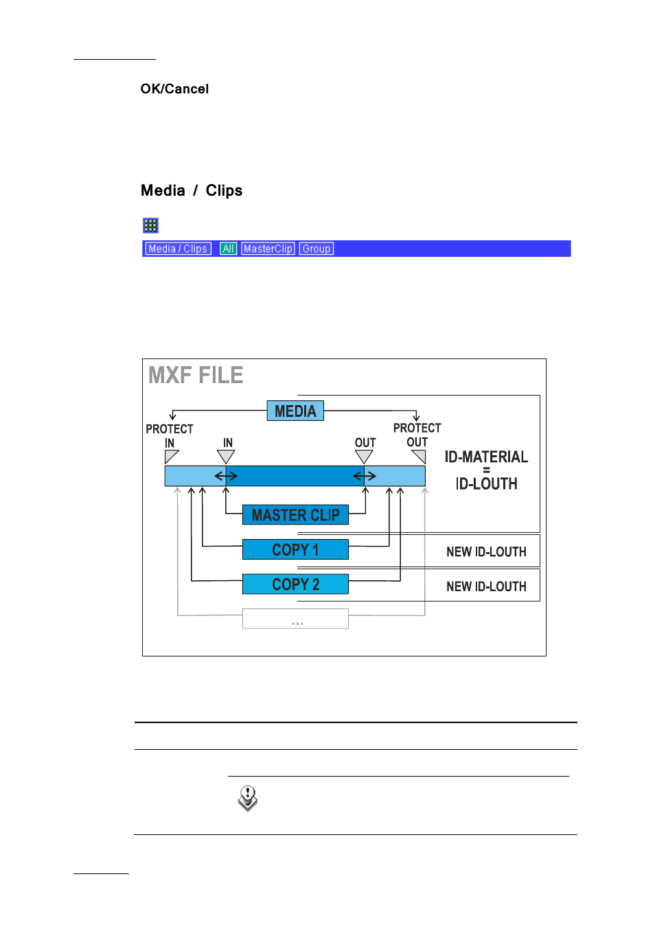 Ok/cancel, Media / clips | EVS Xfile Version 2.19 - November 2012 User Manual User Manual | Page 68 / 196