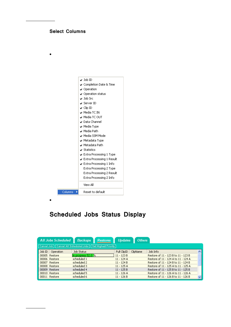 Select columns, Scheduled jobs status display | EVS Xfile Version 2.19 - November 2012 User Manual User Manual | Page 74 / 196