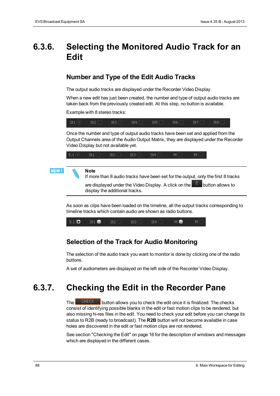 Selecting the monitored audio track for an edit, Checking the edit in the recorder pane, Number and type of the edit audio tracks | Selection of the track for audio monitoring | EVS XEDIO CleanEdit Version 4.35 - August 2013 User Manual User Manual | Page 104 / 256