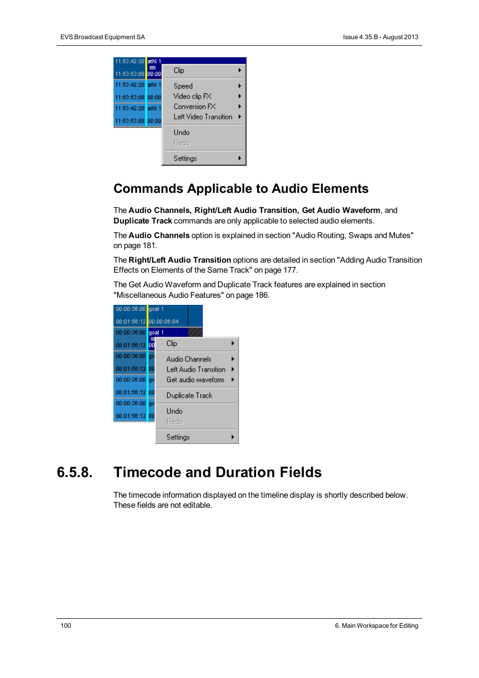 Timecode and duration fields, Commands applicable to audio elements | EVS XEDIO CleanEdit Version 4.35 - August 2013 User Manual User Manual | Page 116 / 256