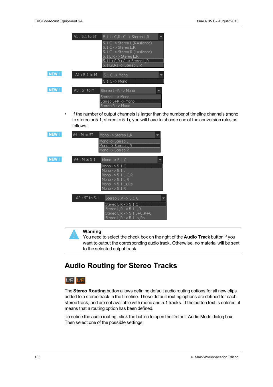 Audio routing for stereo tracks | EVS XEDIO CleanEdit Version 4.35 - August 2013 User Manual User Manual | Page 122 / 256
