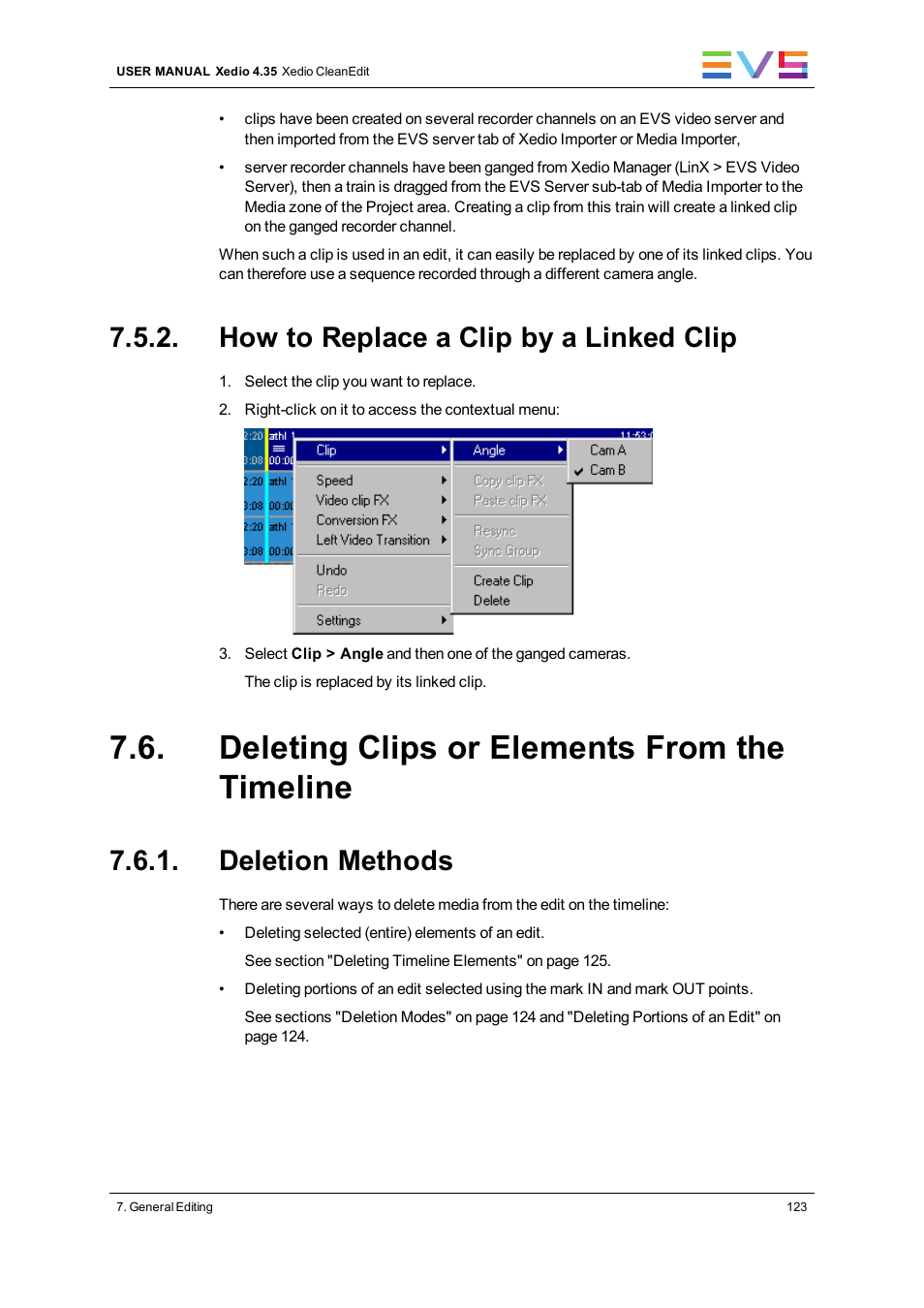 How to replace a clip by a linked clip, Deleting clips or elements from the timeline, Deletion methods | EVS XEDIO CleanEdit Version 4.35 - August 2013 User Manual User Manual | Page 139 / 256