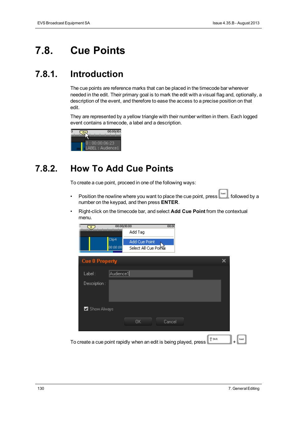 Cue points, Introduction, How to add cue points | EVS XEDIO CleanEdit Version 4.35 - August 2013 User Manual User Manual | Page 146 / 256