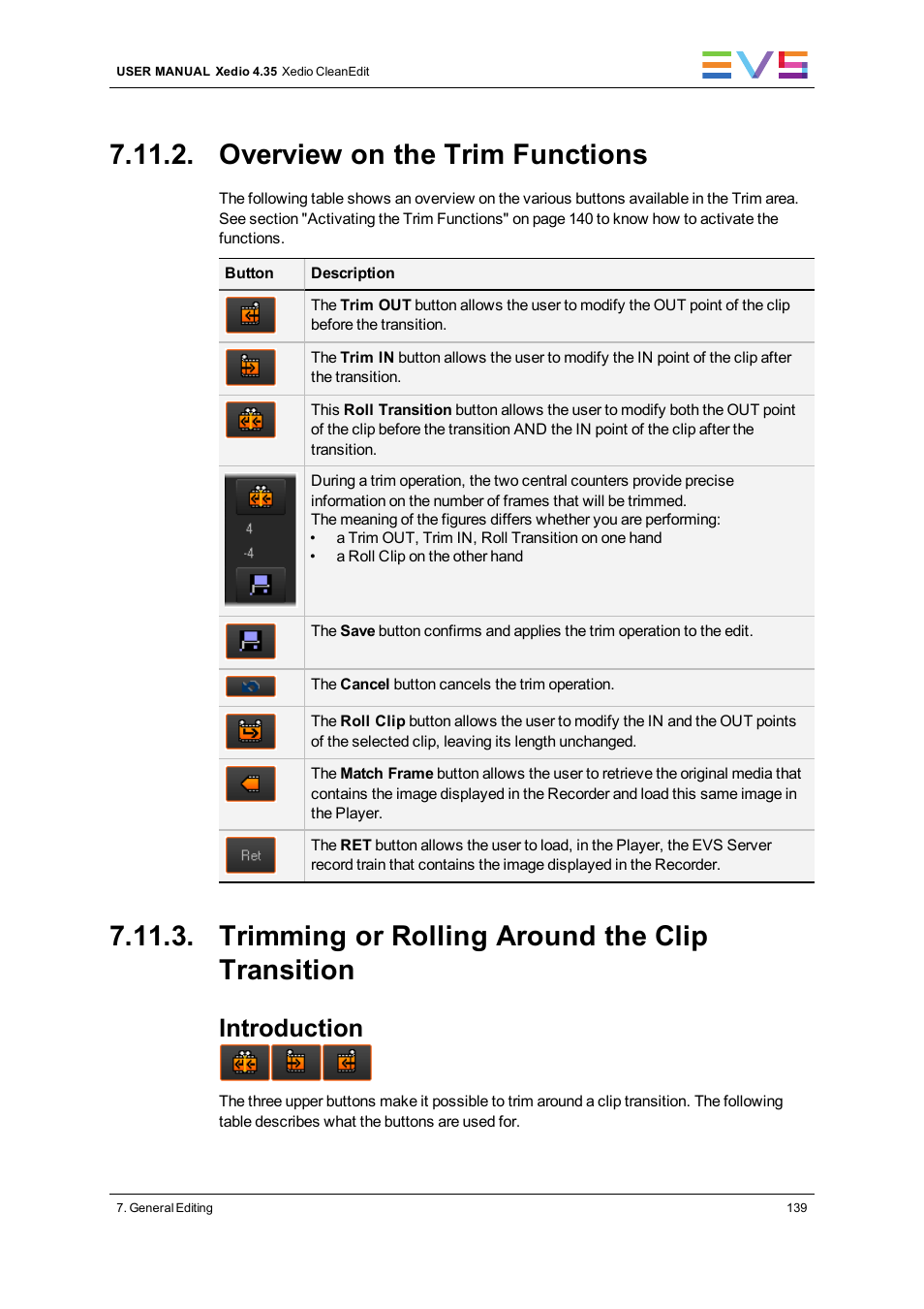Overview on the trim functions, Trimming or rolling around the clip transition, Introduction | EVS XEDIO CleanEdit Version 4.35 - August 2013 User Manual User Manual | Page 155 / 256