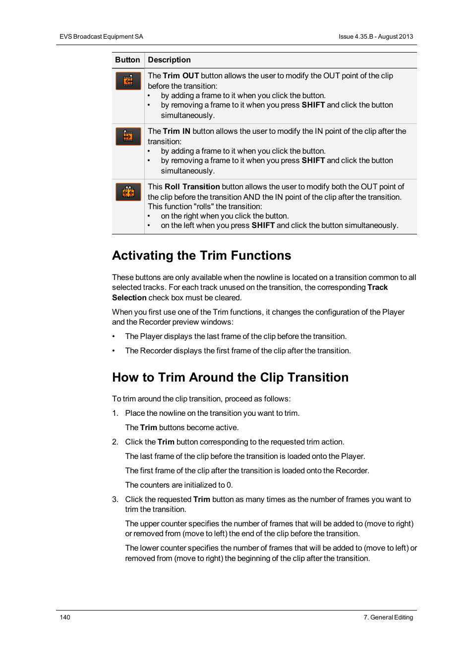 Activating the trim functions, How to trim around the clip transition | EVS XEDIO CleanEdit Version 4.35 - August 2013 User Manual User Manual | Page 156 / 256