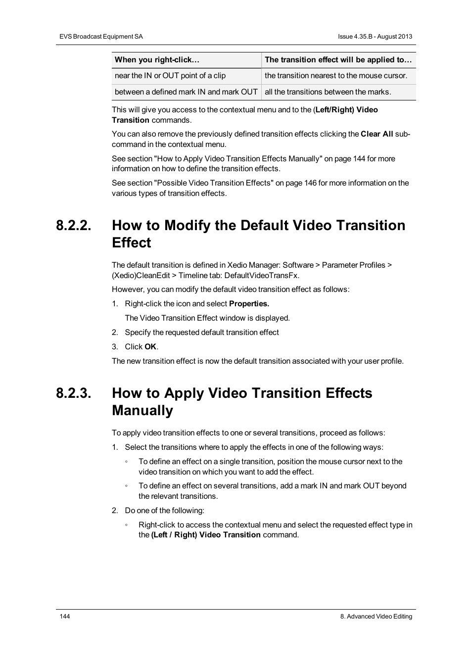 How to modify the default video transition effect, How to apply video transition effects manually | EVS XEDIO CleanEdit Version 4.35 - August 2013 User Manual User Manual | Page 160 / 256