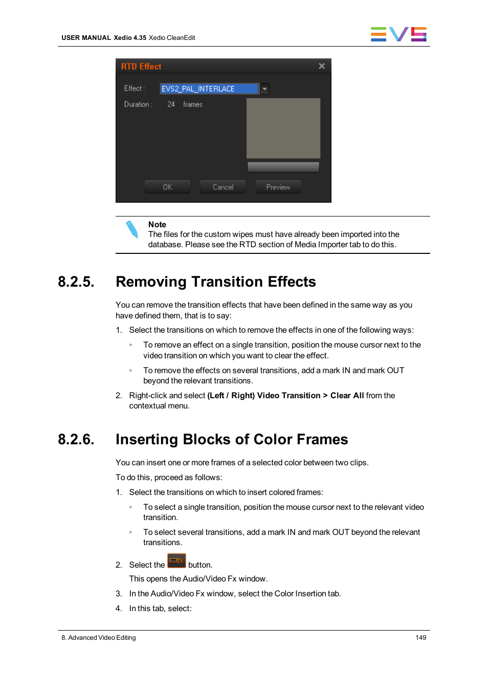 Removing transition effects, Inserting blocks of color frames | EVS XEDIO CleanEdit Version 4.35 - August 2013 User Manual User Manual | Page 165 / 256