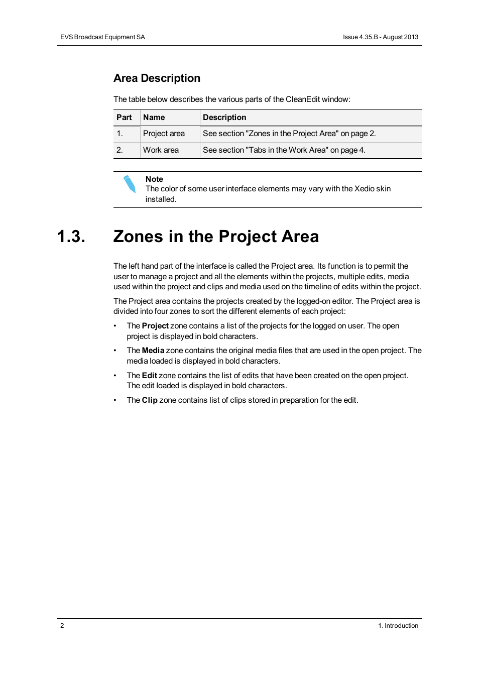 Zones in the project area, Area description | EVS XEDIO CleanEdit Version 4.35 - August 2013 User Manual User Manual | Page 18 / 256