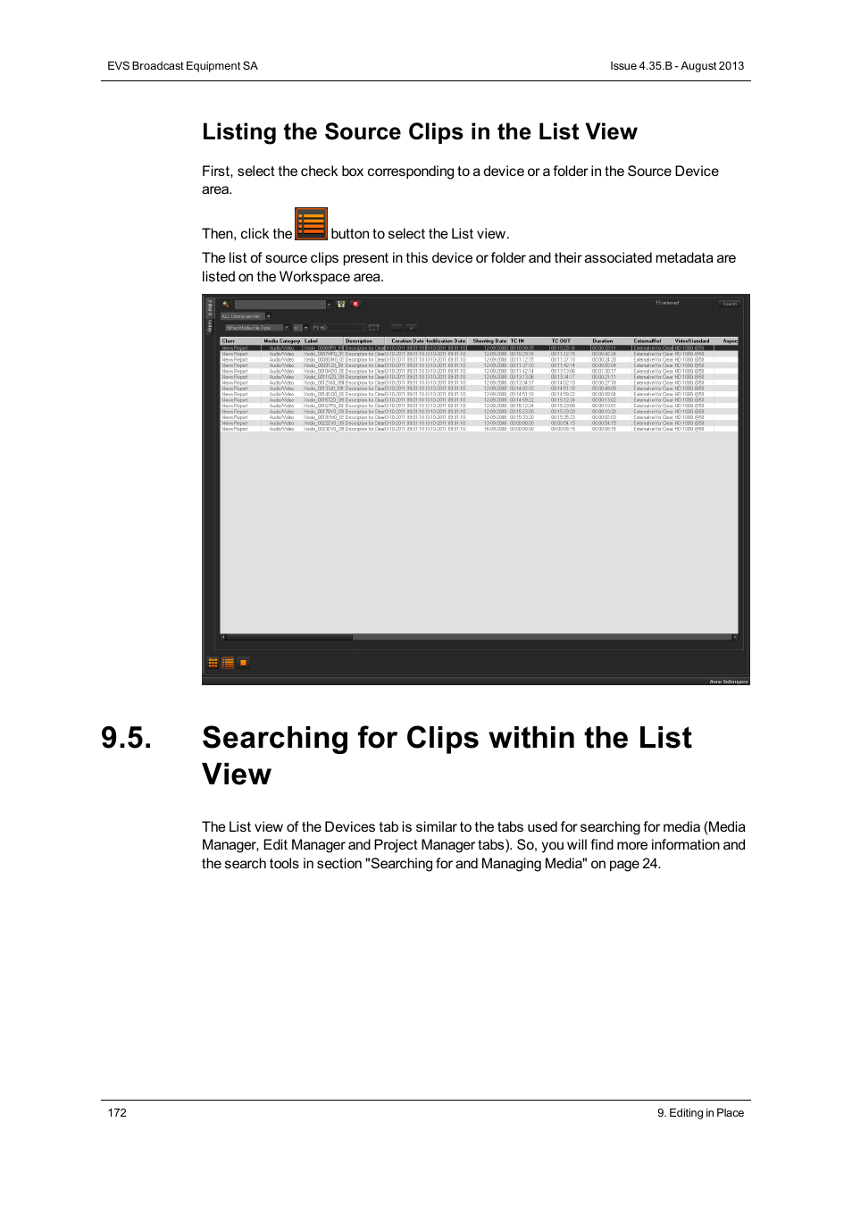 Searching for clips within the list view, Listing the source clips in the list view | EVS XEDIO CleanEdit Version 4.35 - August 2013 User Manual User Manual | Page 188 / 256