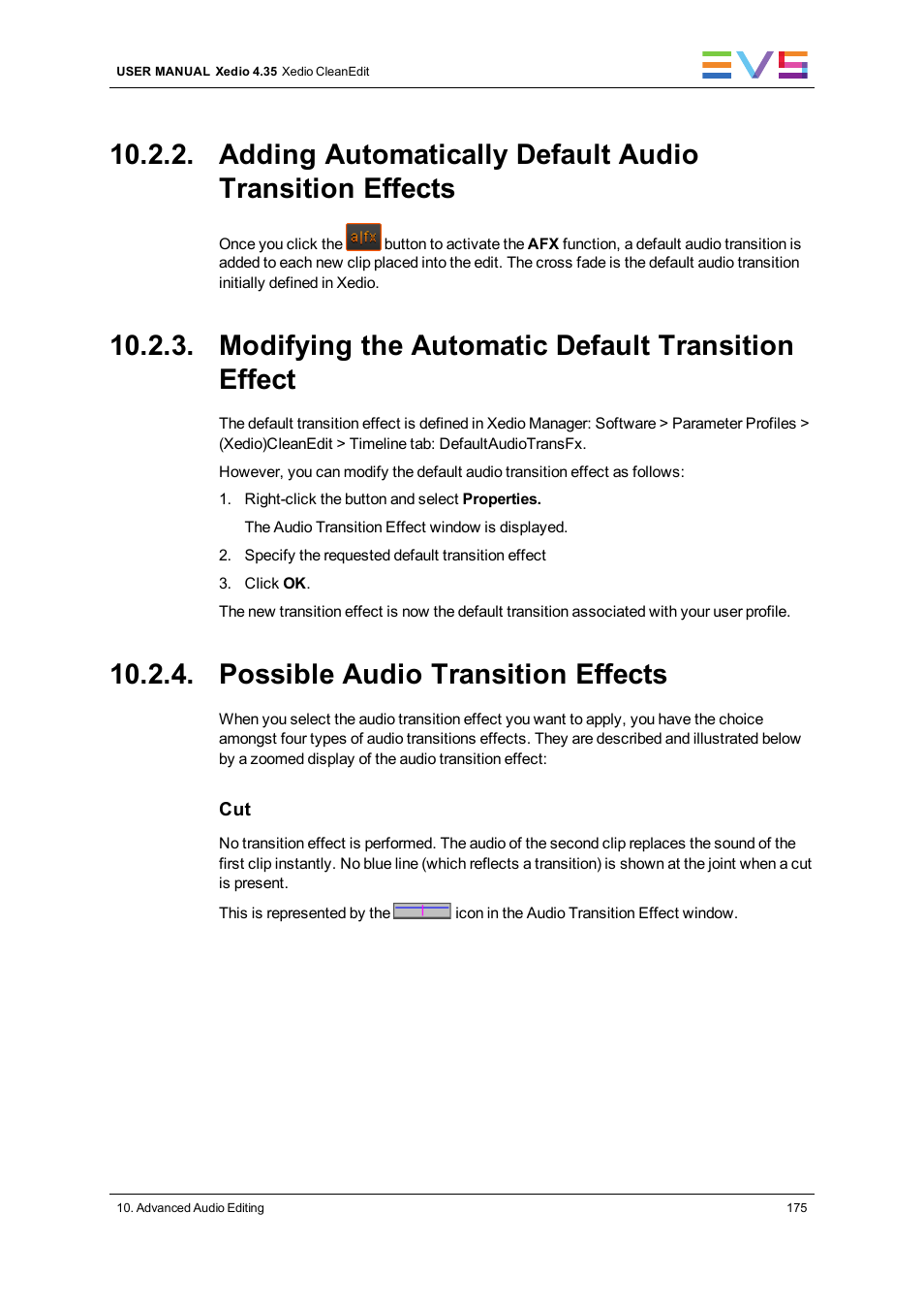Modifying the automatic default transition effect, Possible audio transition effects | EVS XEDIO CleanEdit Version 4.35 - August 2013 User Manual User Manual | Page 191 / 256