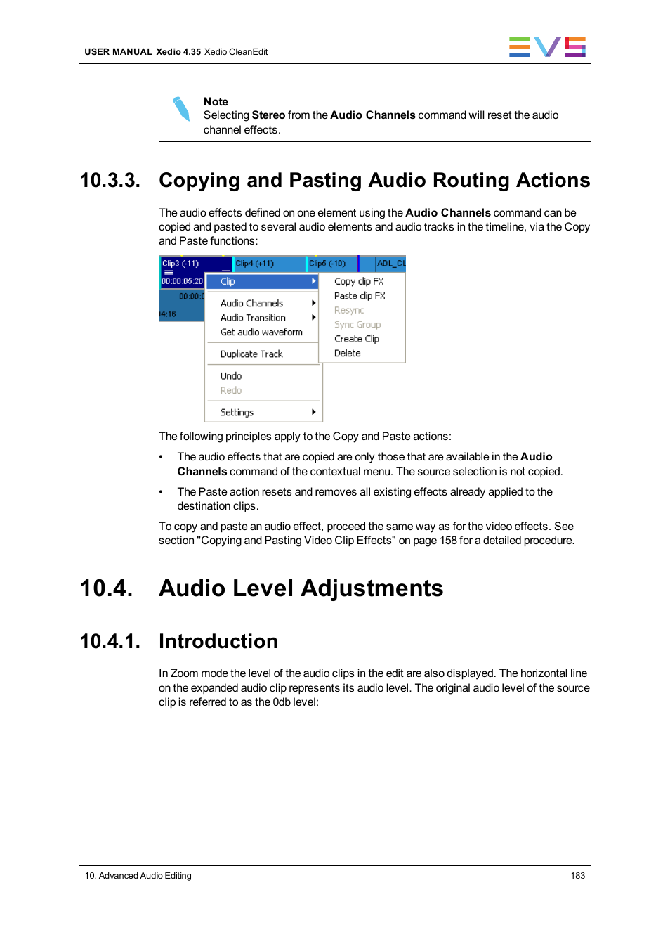 Copying and pasting audio routing actions, Audio level adjustments, Introduction | EVS XEDIO CleanEdit Version 4.35 - August 2013 User Manual User Manual | Page 199 / 256