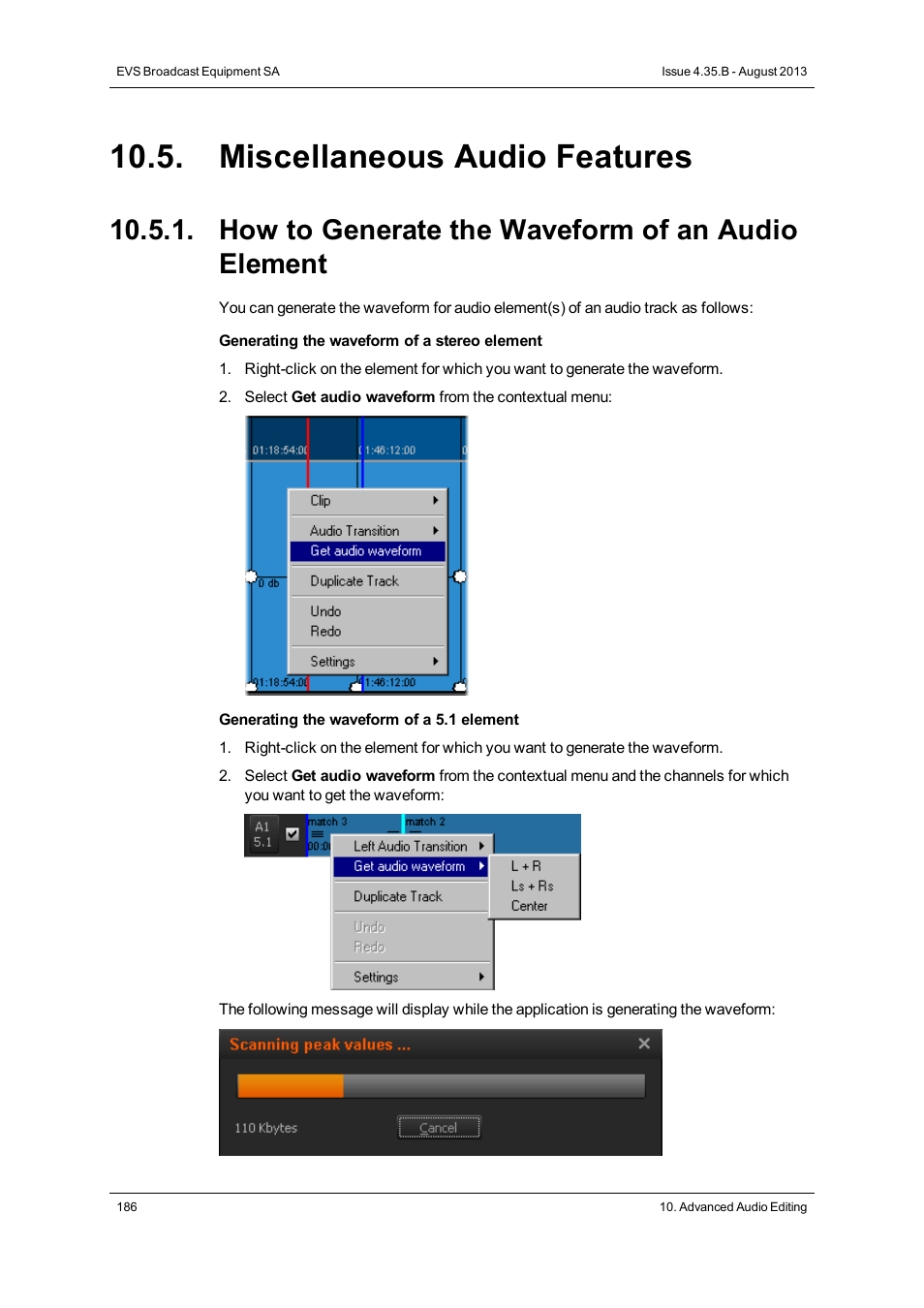 Miscellaneous audio features, How to generate the waveform of an audio element | EVS XEDIO CleanEdit Version 4.35 - August 2013 User Manual User Manual | Page 202 / 256