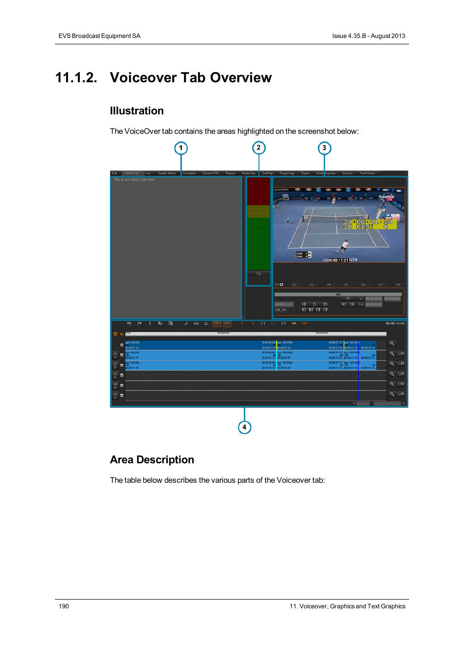 Voiceover tab overview, Illustration, Area description | EVS XEDIO CleanEdit Version 4.35 - August 2013 User Manual User Manual | Page 206 / 256