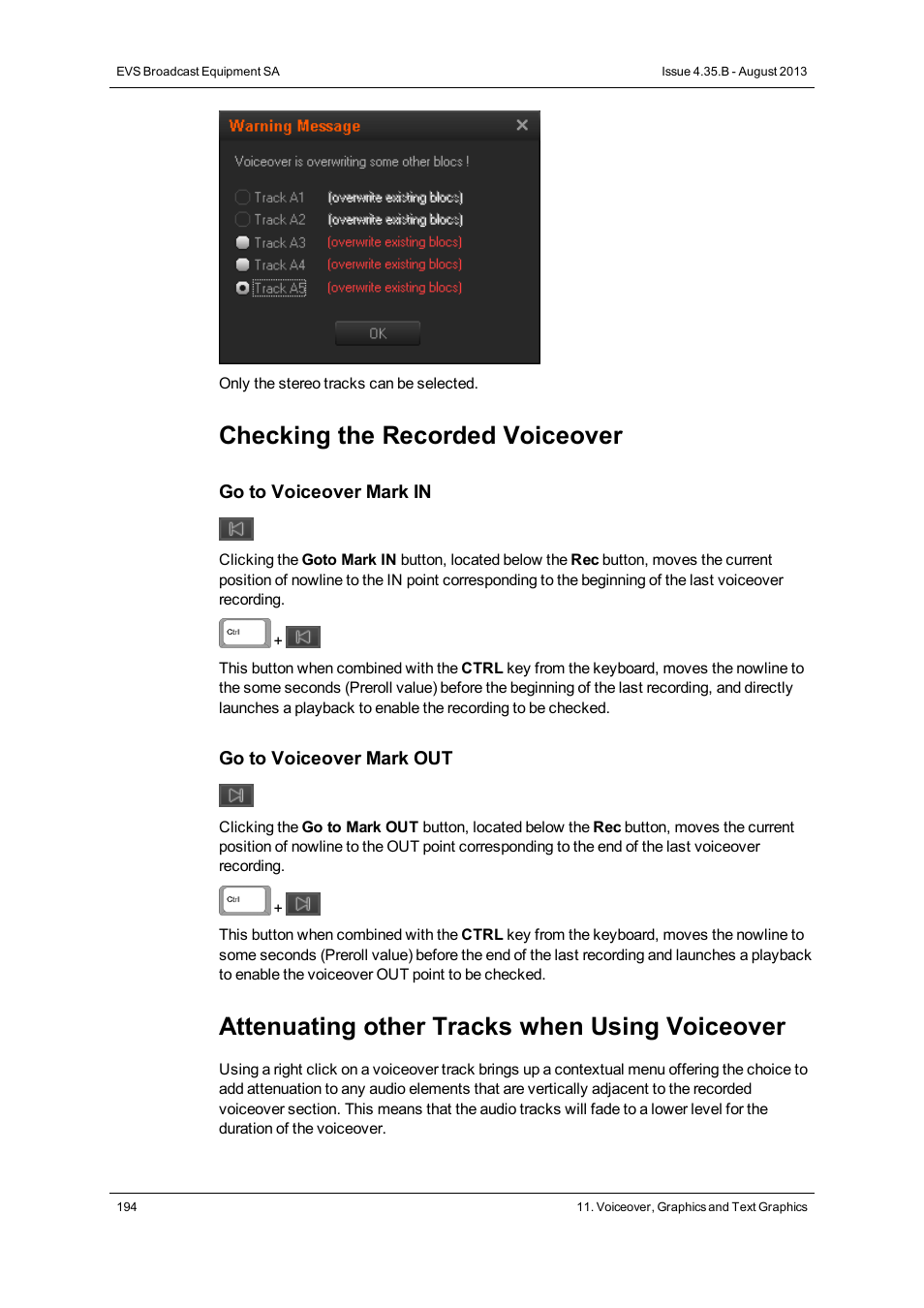 Checking the recorded voiceover, Attenuating other tracks when using voiceover | EVS XEDIO CleanEdit Version 4.35 - August 2013 User Manual User Manual | Page 210 / 256