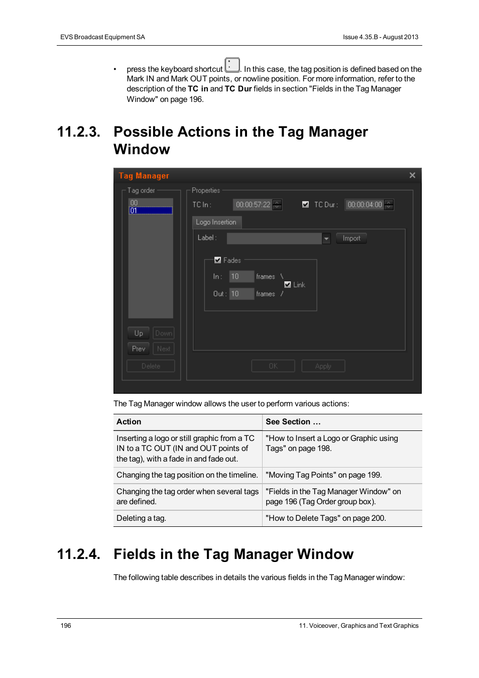 Possible actions in the tag manager window, Fields in the tag manager window | EVS XEDIO CleanEdit Version 4.35 - August 2013 User Manual User Manual | Page 212 / 256