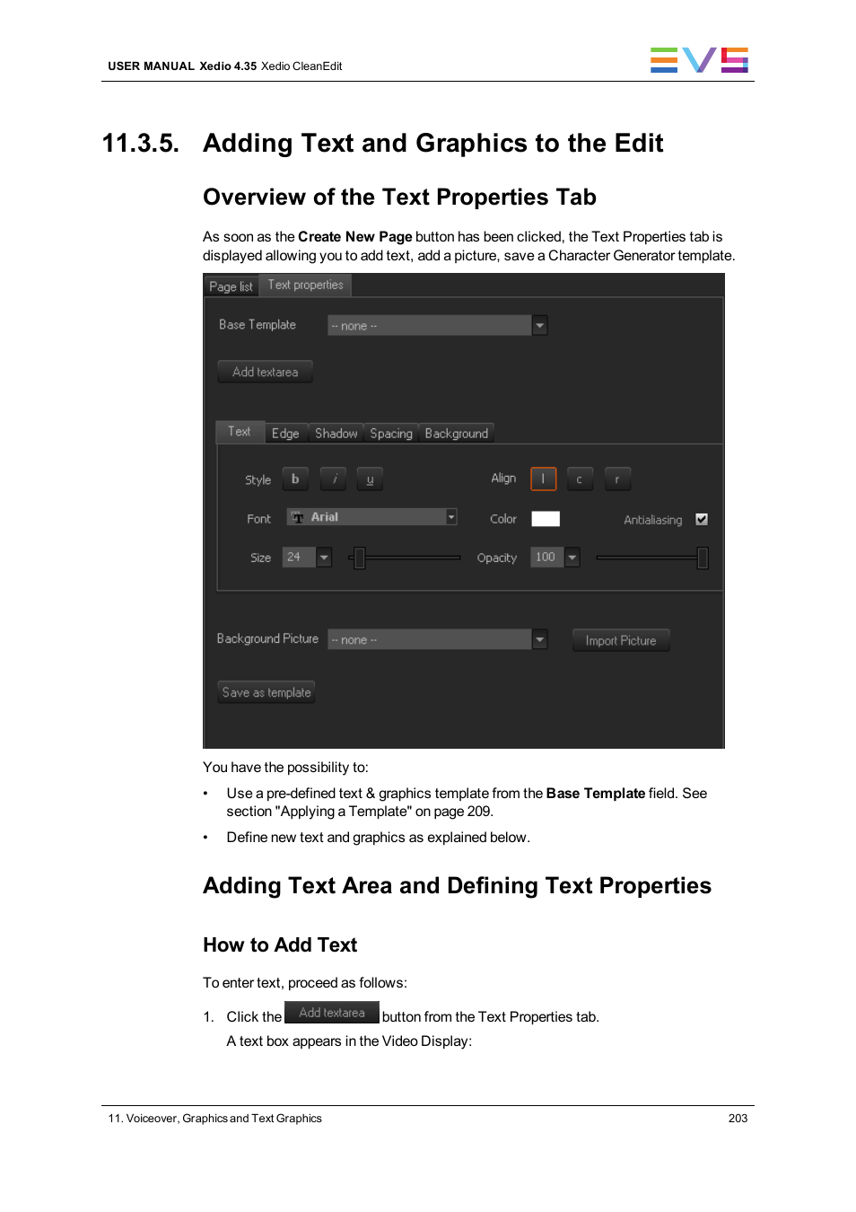 Adding text and graphics to the edit, Overview of the text properties tab, Adding text area and defining text properties | How to add text | EVS XEDIO CleanEdit Version 4.35 - August 2013 User Manual User Manual | Page 219 / 256