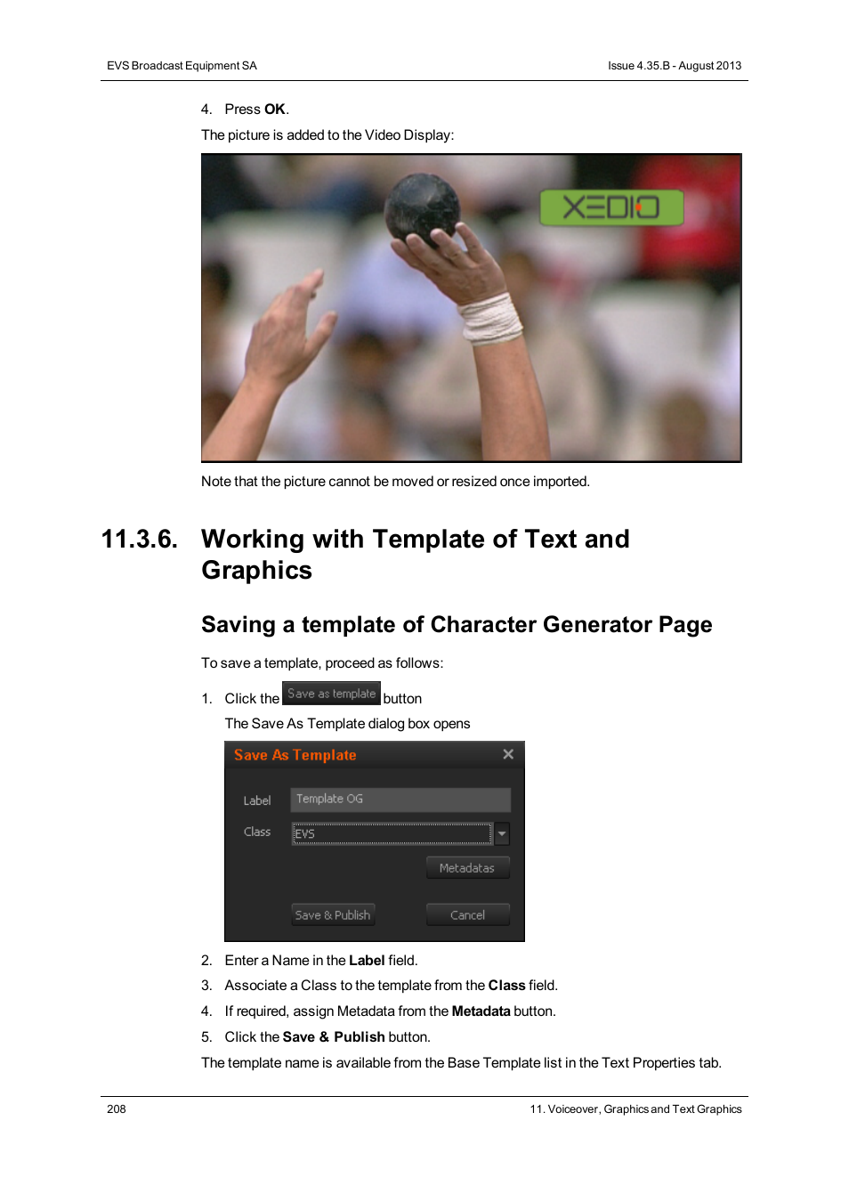 Working with template of text and graphics, Saving a template of character generator page | EVS XEDIO CleanEdit Version 4.35 - August 2013 User Manual User Manual | Page 224 / 256