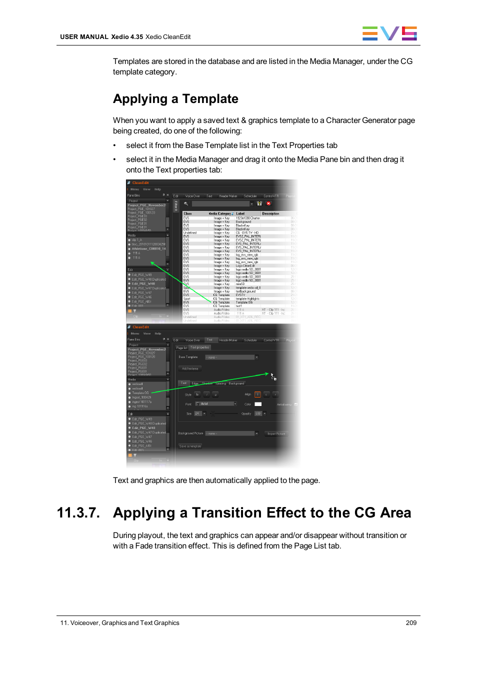 Applying a transition effect to the cg area, Applying a template | EVS XEDIO CleanEdit Version 4.35 - August 2013 User Manual User Manual | Page 225 / 256