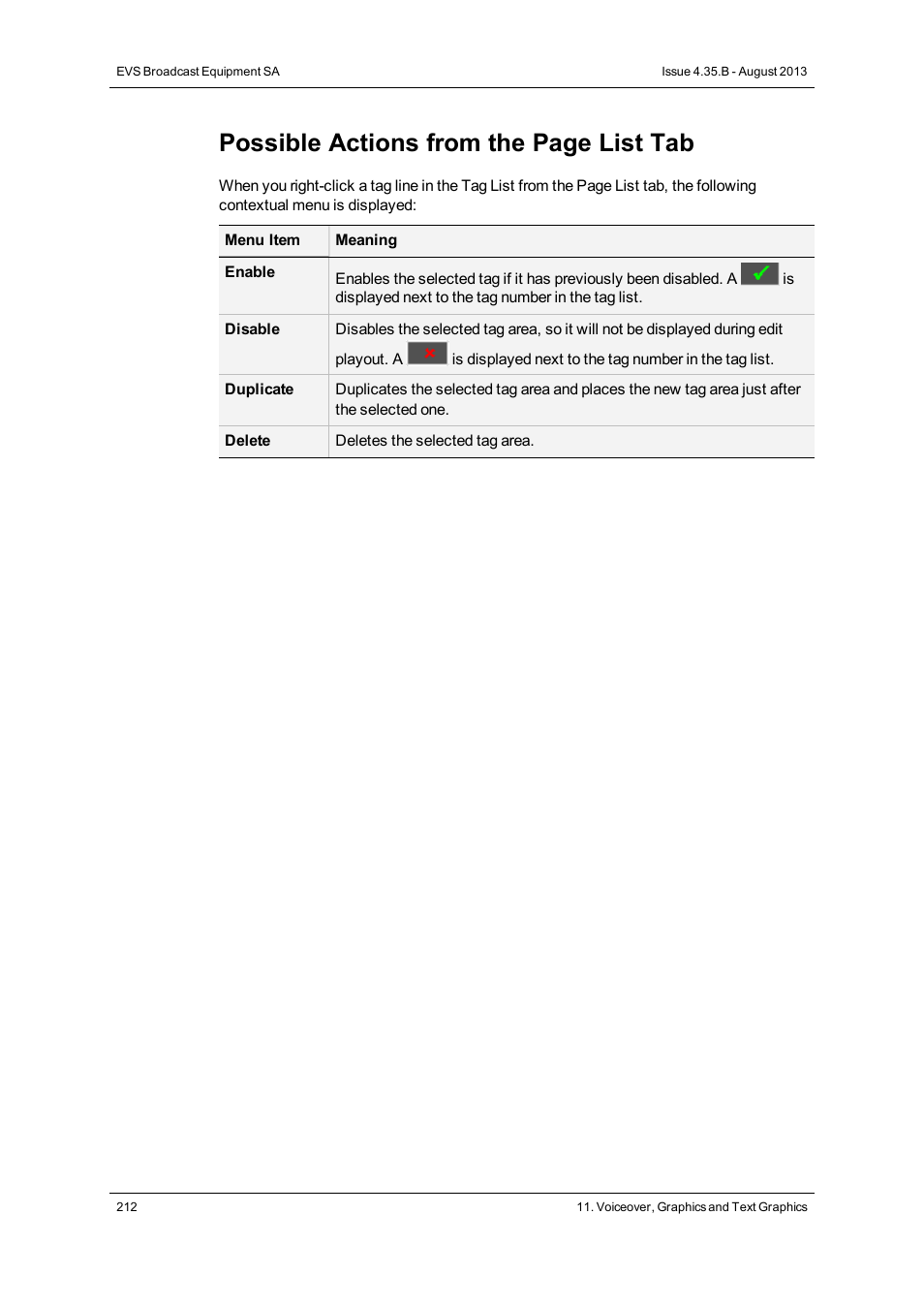 Possible actions from the page list tab | EVS XEDIO CleanEdit Version 4.35 - August 2013 User Manual User Manual | Page 228 / 256