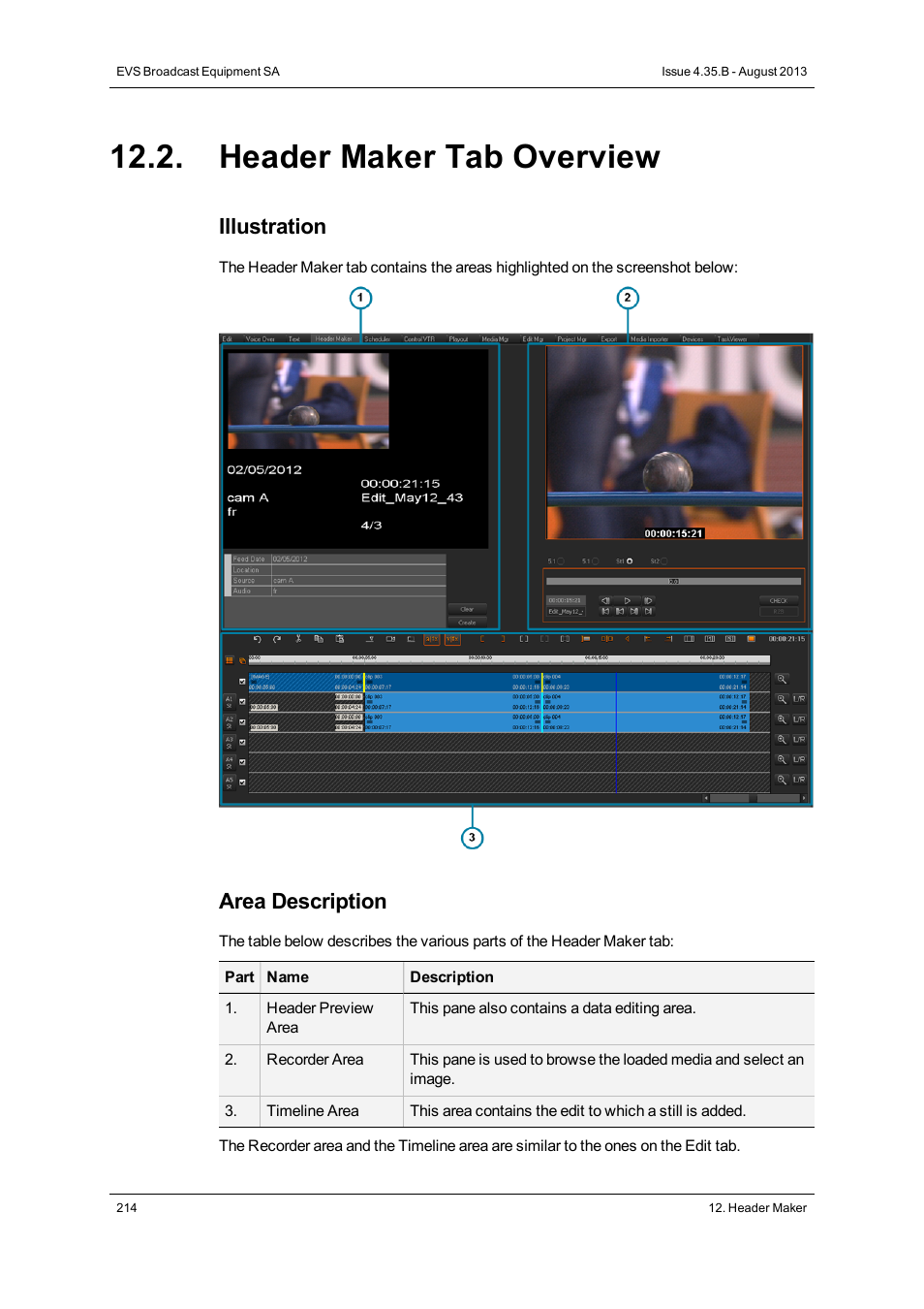 Header maker tab overview, Illustration, Area description | EVS XEDIO CleanEdit Version 4.35 - August 2013 User Manual User Manual | Page 230 / 256