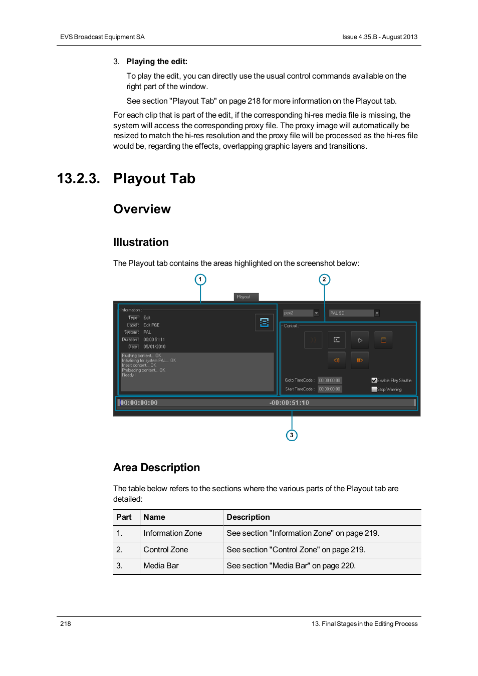 Playout tab, Overview, Illustration | Area description | EVS XEDIO CleanEdit Version 4.35 - August 2013 User Manual User Manual | Page 234 / 256