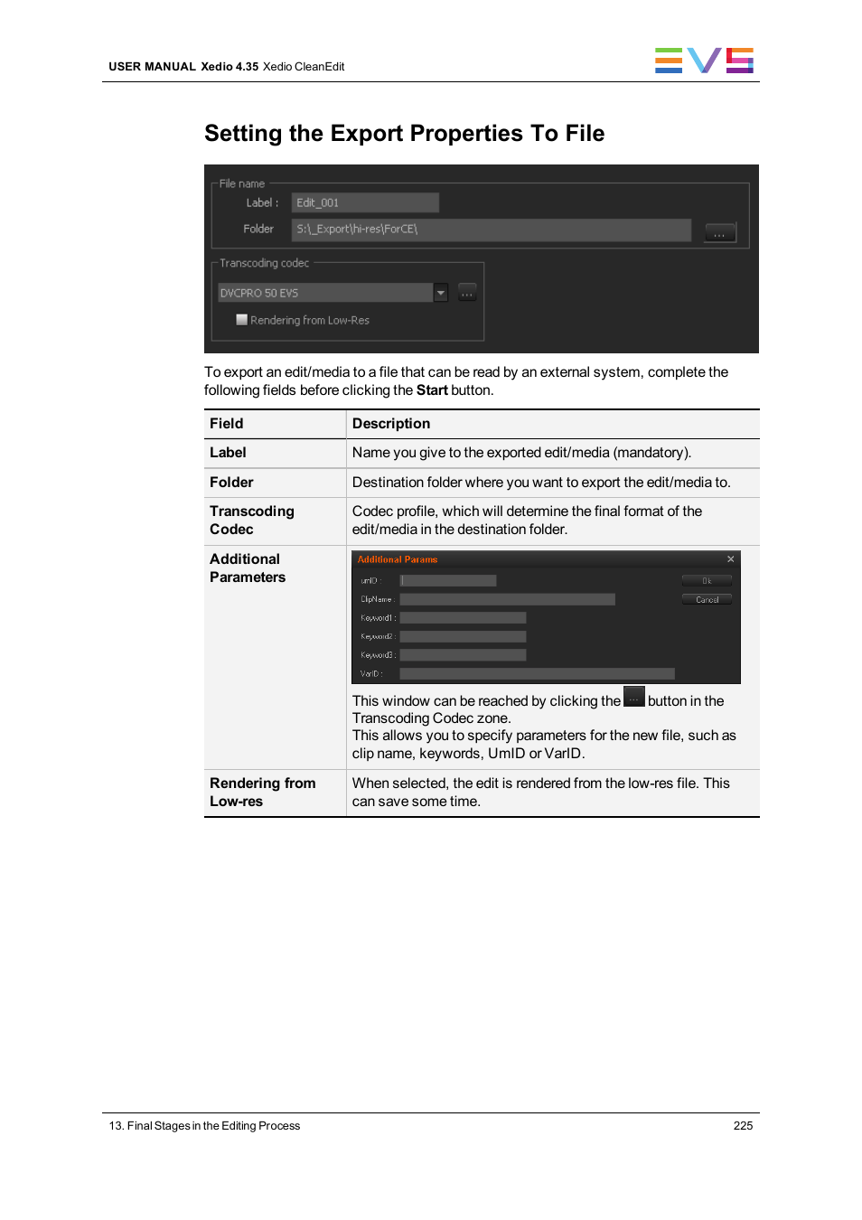 Setting the export properties to file | EVS XEDIO CleanEdit Version 4.35 - August 2013 User Manual User Manual | Page 241 / 256